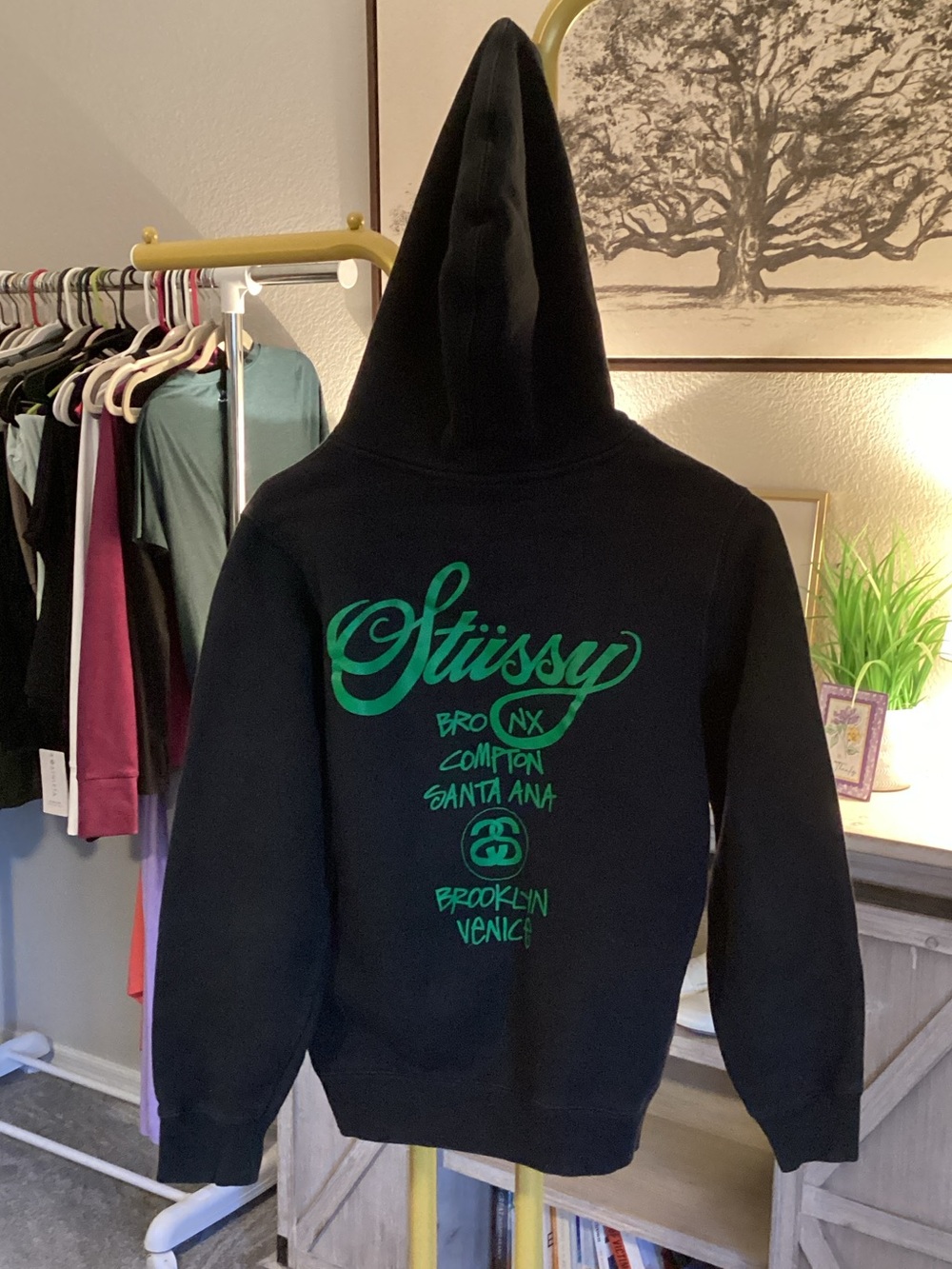Stussy Black Crewneck Hoodie with Green Logo